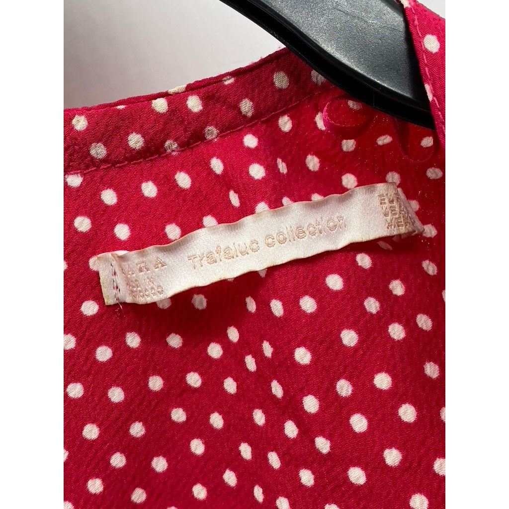 ZARA TRAFALUC Women's Pink-White Polka Dot V-Neck Flare Short Sleeve Romper SZXS