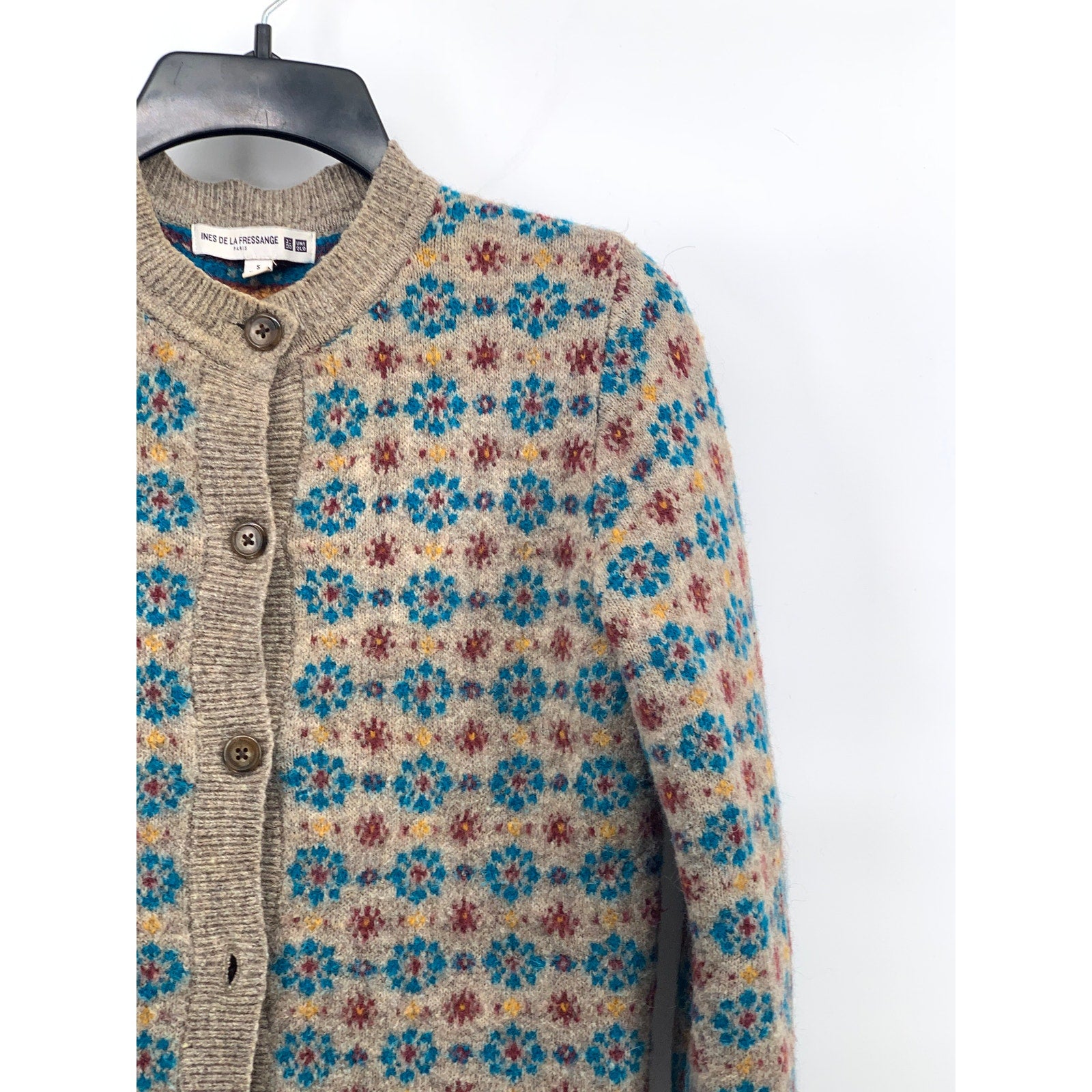 UNIQLO Ines De La Fressange Women's Beige-Blue Jacquard Button-Up Cardigan SZ S