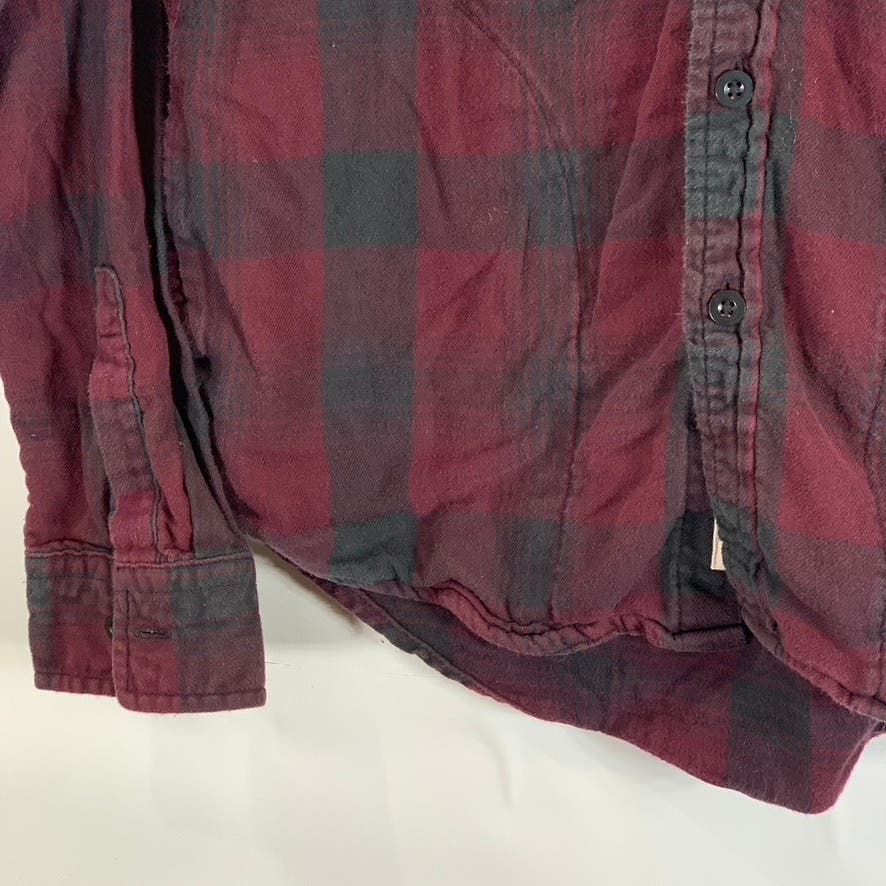 ABERCROMBIE & FITCH Men's Burgundy/Black Plaid Button-Up Hooded Shirt SZ L