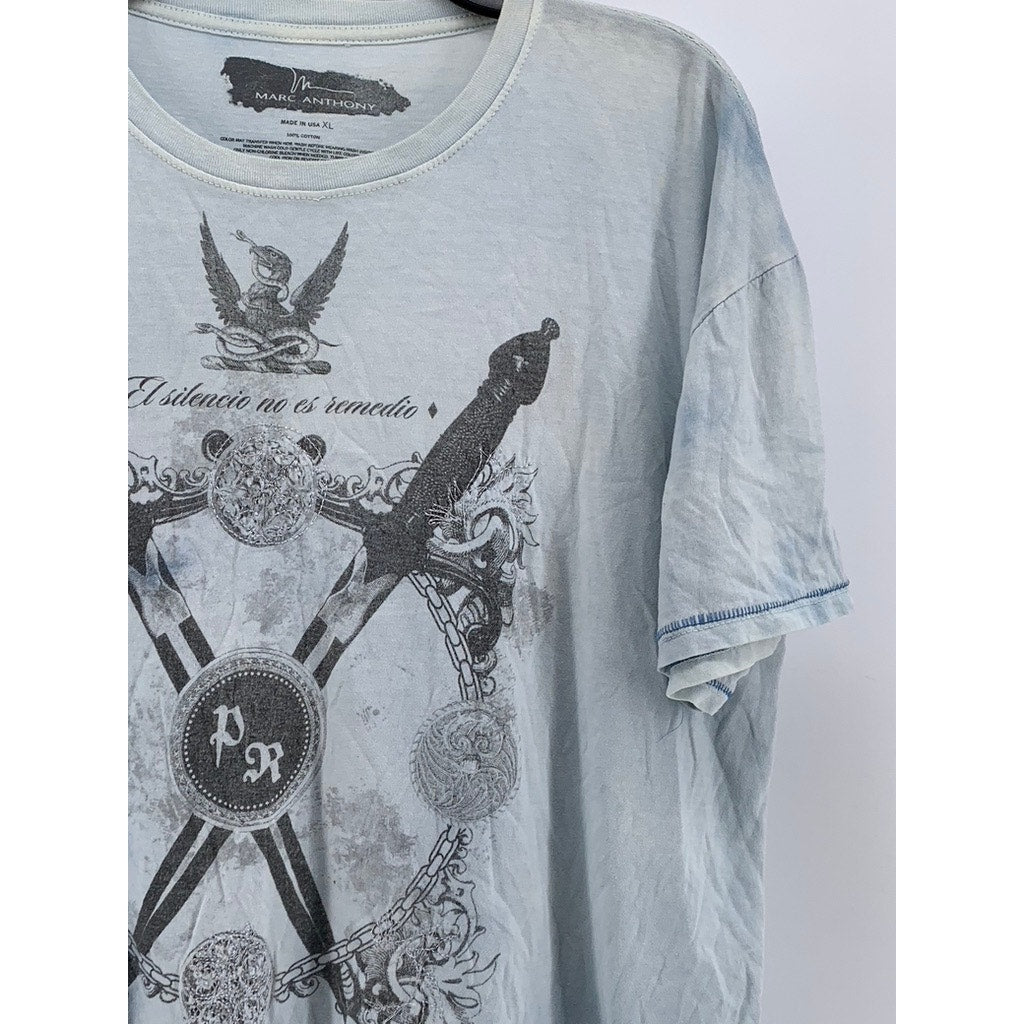 MARC ANTHONY Men's Blue Acid Wash Y2K Graphic Crewneck T-Shirt SZ XL