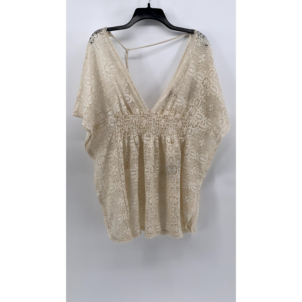 XHILARATION Women's Beige Floral Lace V-Neck Short Sleeve Swim Cover-Up SZ M