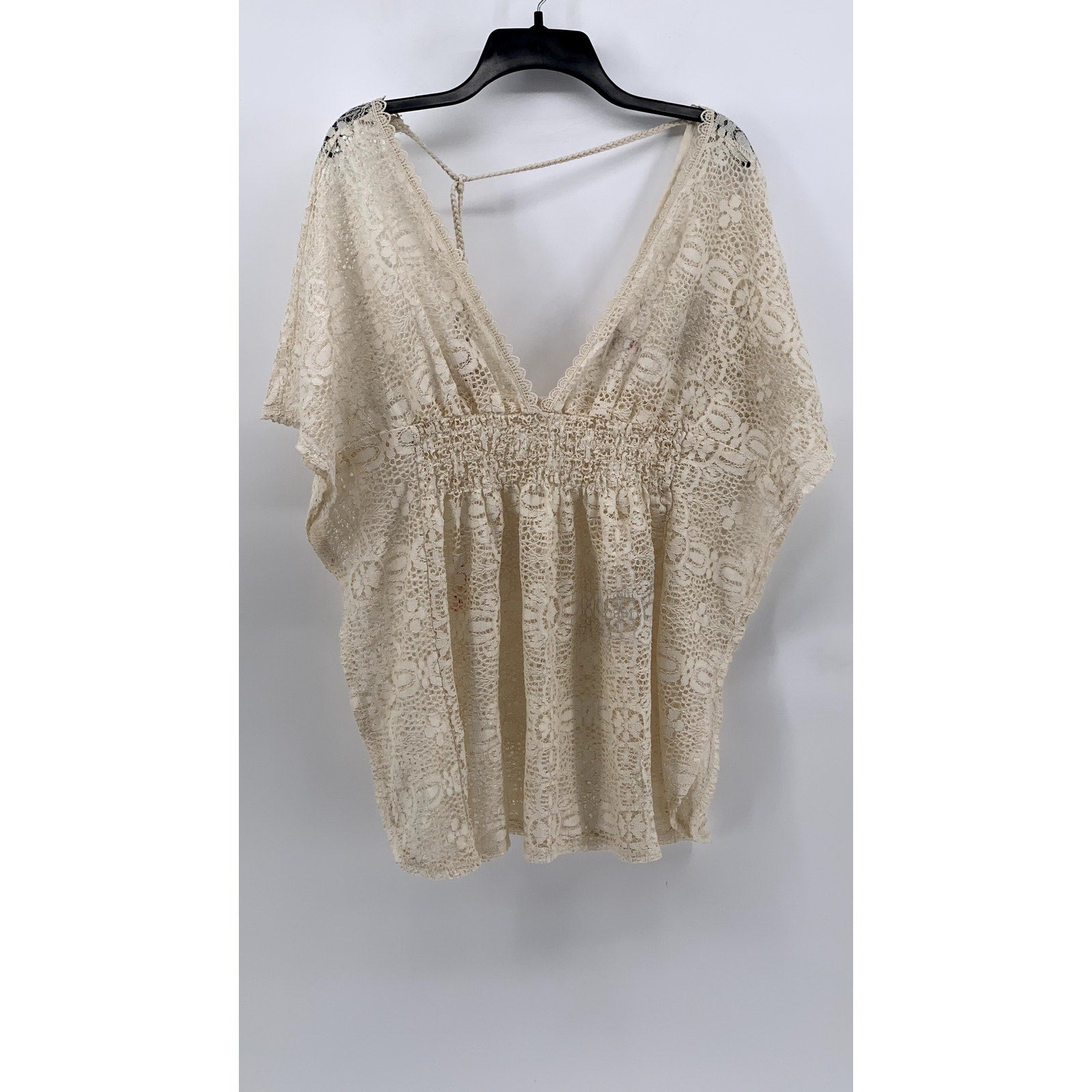 XHILARATION Women's Beige Floral Lace V-Neck Short Sleeve Swim Cover-Up SZ M