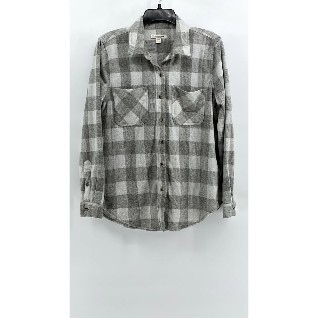 BEACHLUNCHLOUNGE Women's Gray-White Plaid Button-Up Long Sleeve Top SZ M