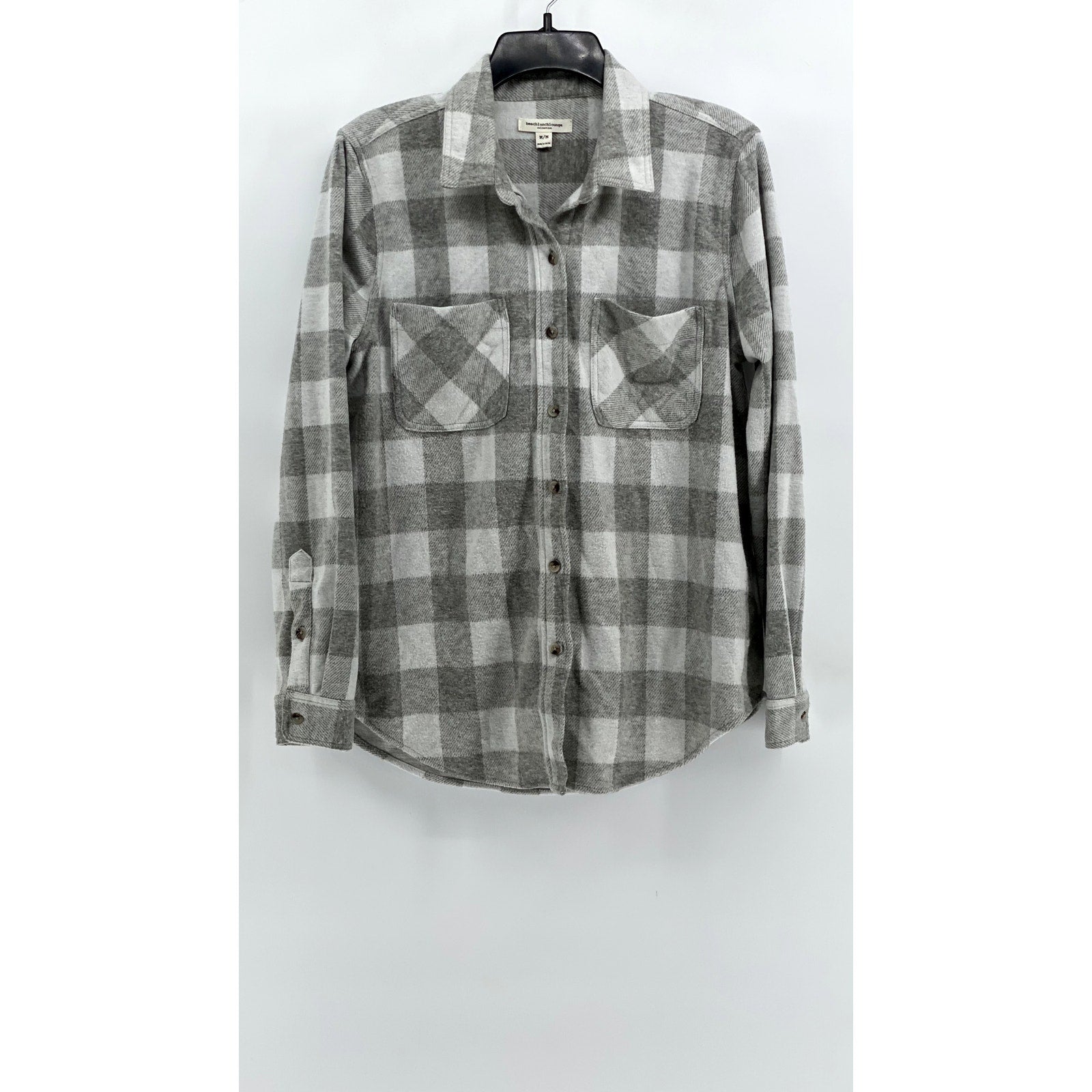 BEACHLUNCHLOUNGE Women's Gray-White Plaid Button-Up Long Sleeve Top SZ M