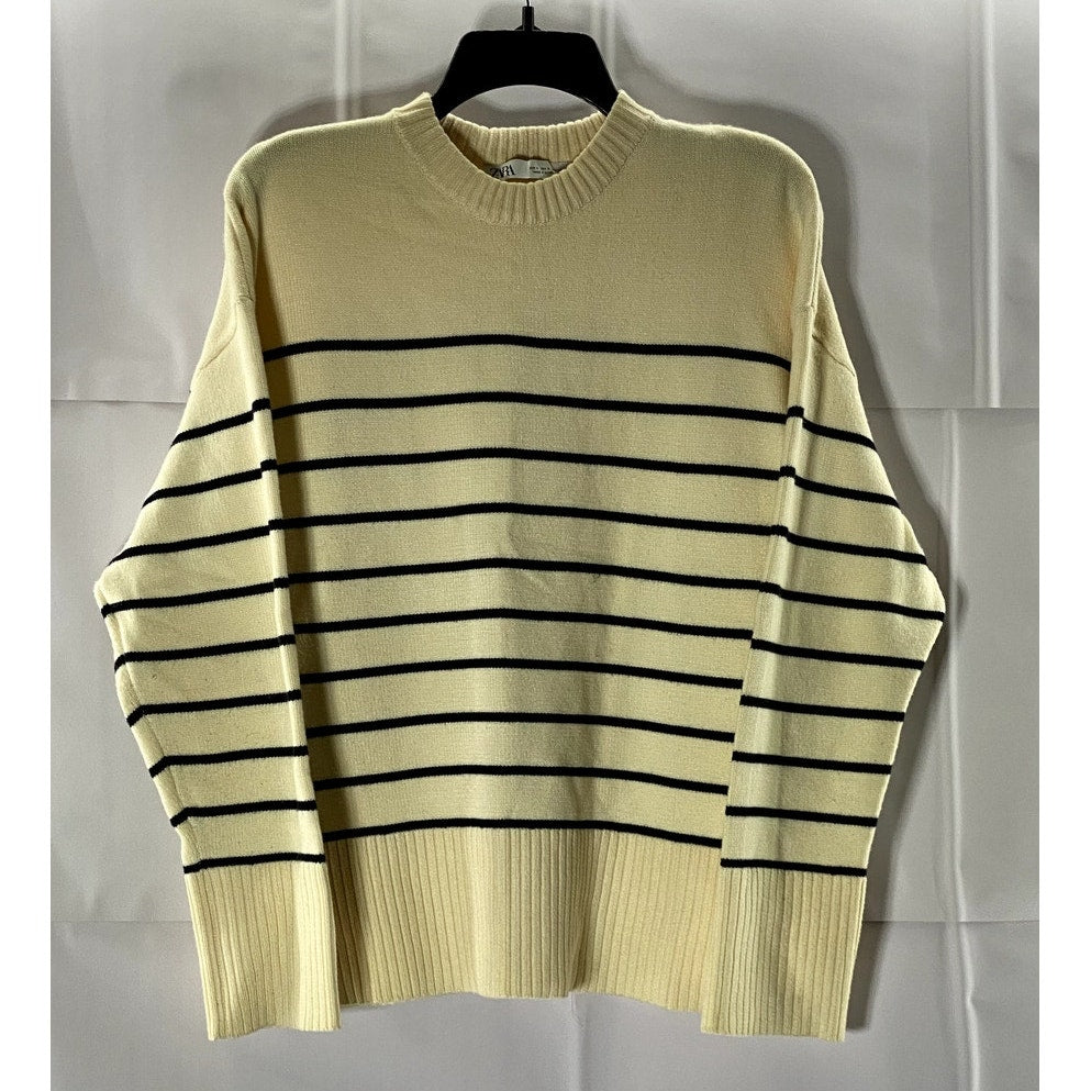 ZARA Women's Beige/Black Striped Crewneck Knit Long Sleeve Pullover Sweater SZ S