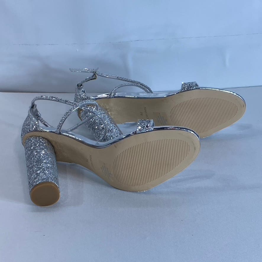 NINE WEST Women's Silver Celebra Sequin Ankle Strap Heeled Sandals SZ 7