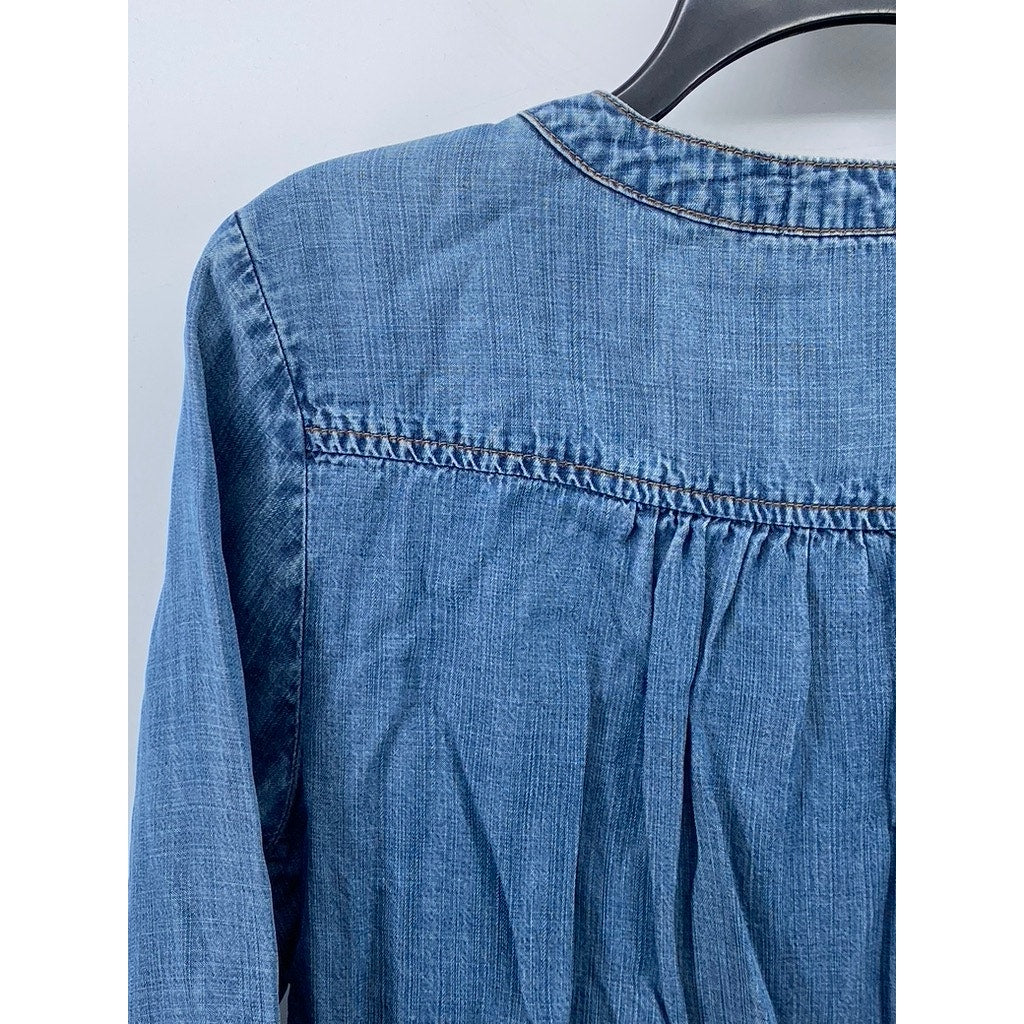 CLOTH & STONE Women's Blue Denim Collarless Long Sleeve Split-Neck Top SZ S