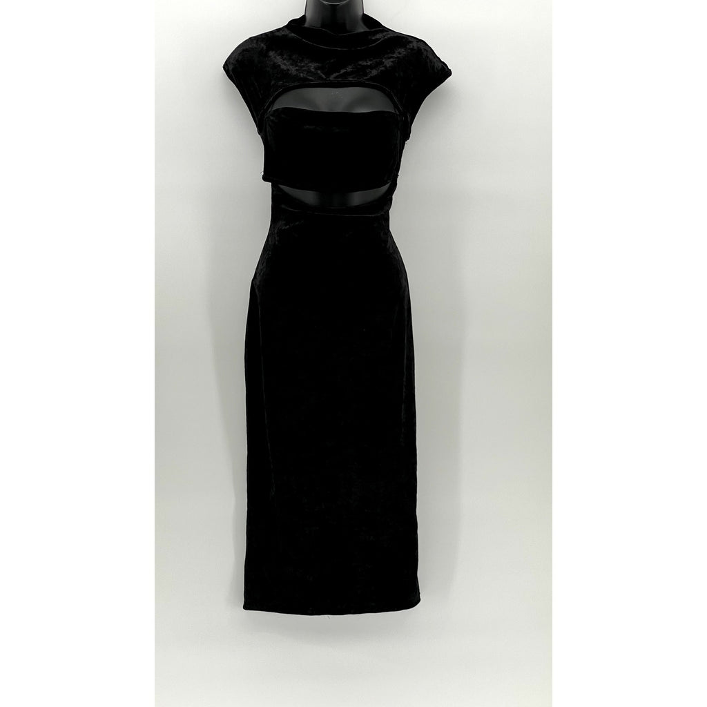 SHEIN Women's Black Velour Cutout Mock-Neck Sleeveless Bodycon Midi Dress SZ 6