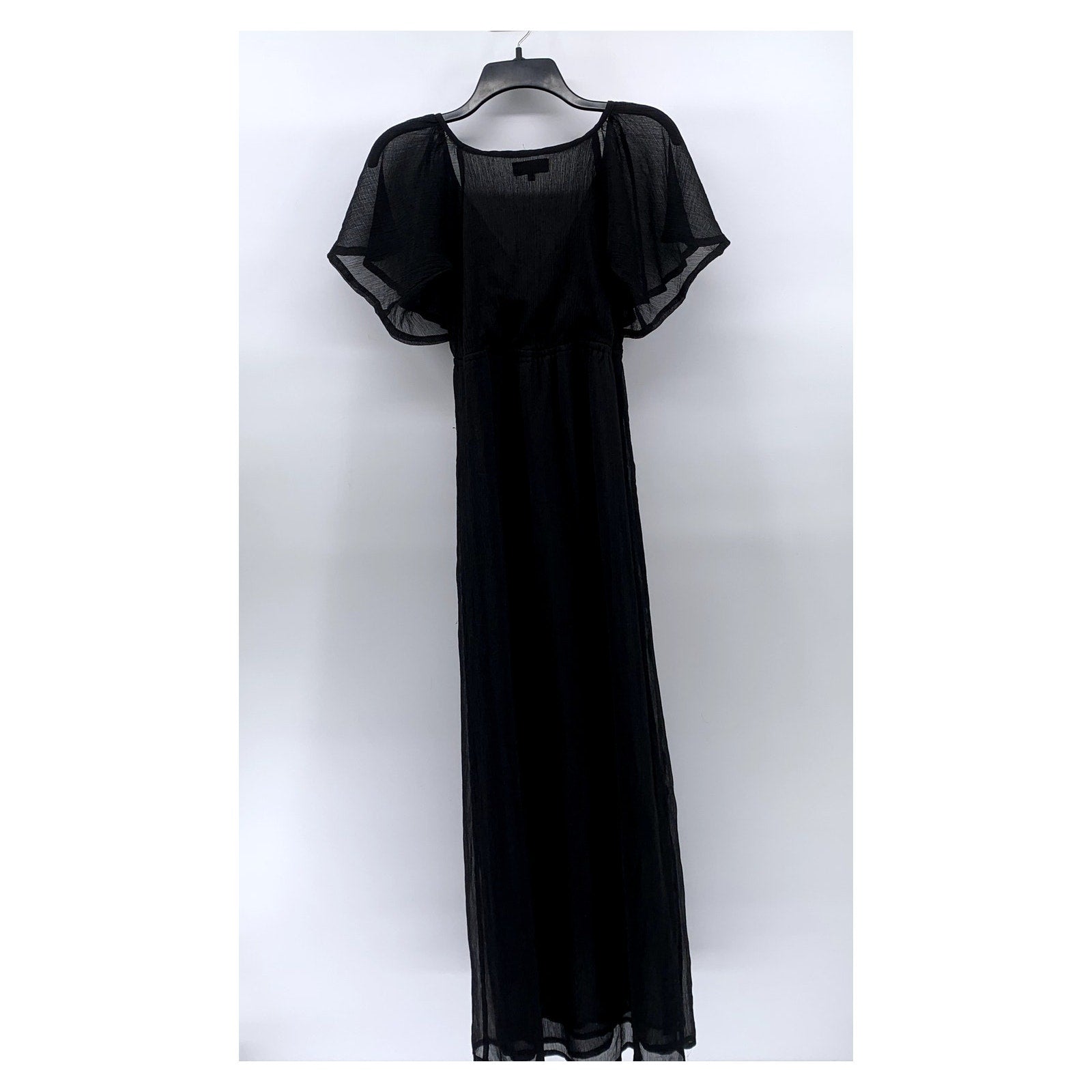 BIK BOK Women's Black Sheer V-Neck Flutter Short Sleeve Maxi Casual Dress SZ XS