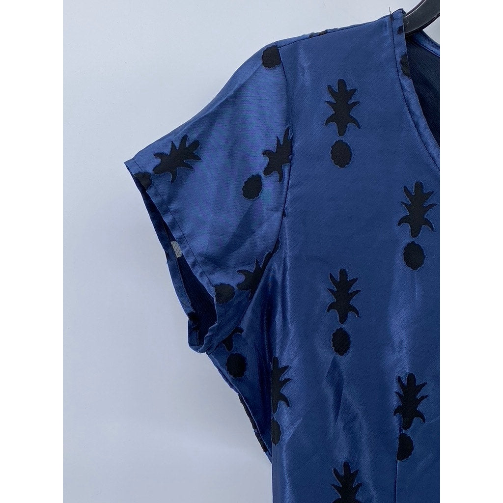 CABRAIS COLLECTION Women's Blue Pineapple Crewneck Short Sleeve Mini Dress SZ 12