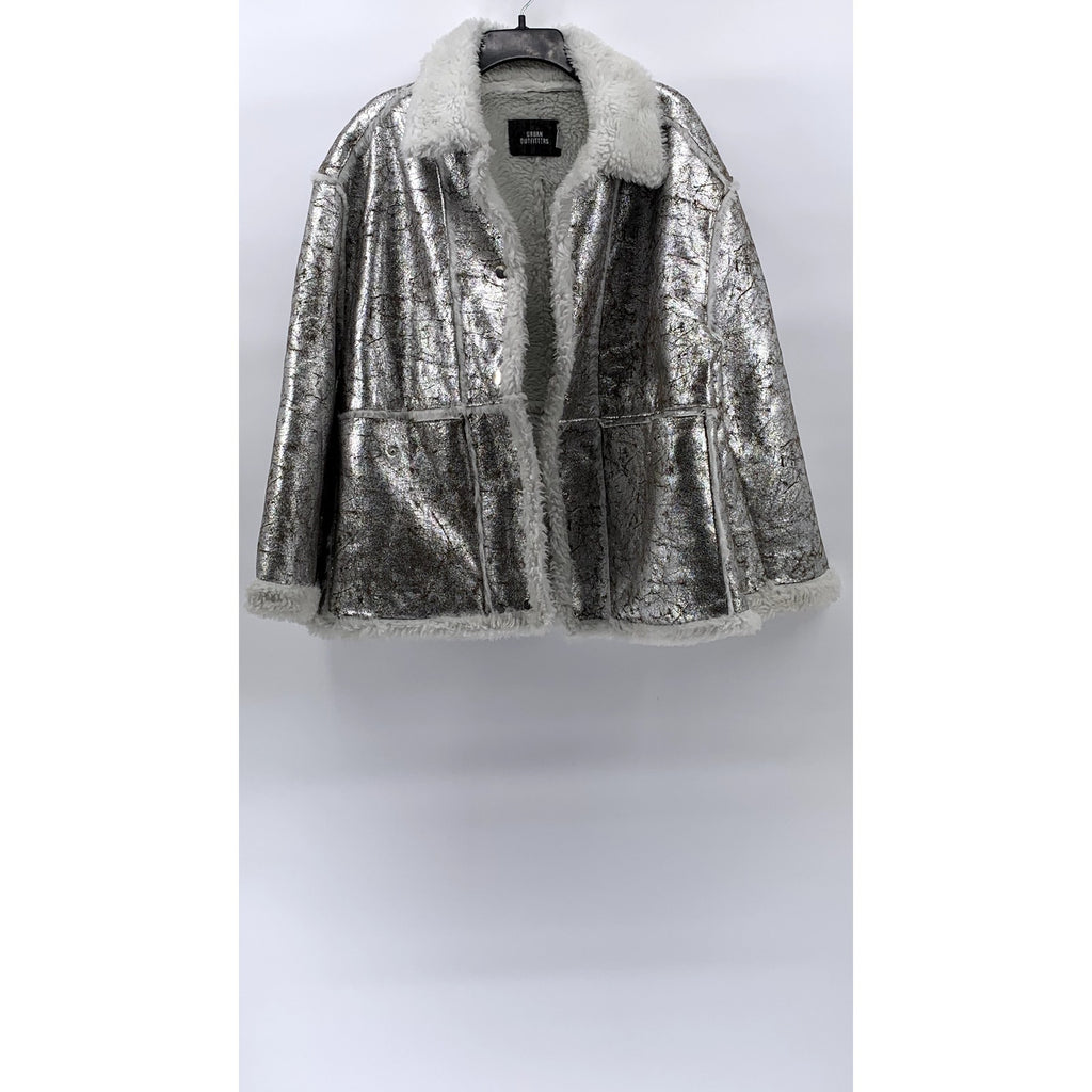 URBAN OUTFITTERS Women's Silver Metallic Faux-Fur Button-Down Coat SZ M