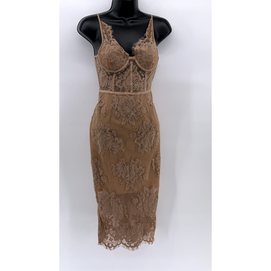 MISHA COLLECTION Women's Tan Lace V-Neck Spaghetti Strap Bodycon Midi Dress SZ 4