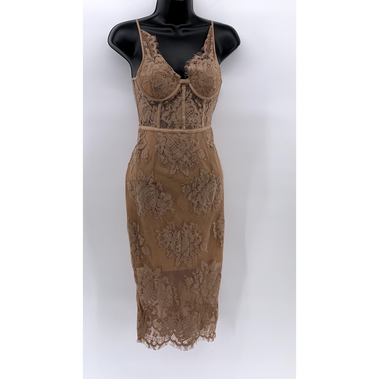 MISHA COLLECTION Women's Tan Lace V-Neck Spaghetti Strap Bodycon Midi Dress SZ 4