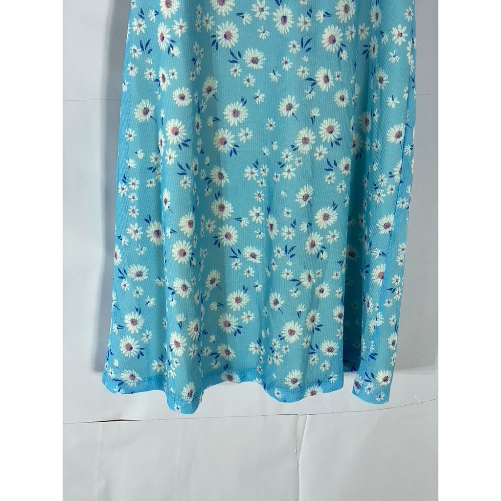 BERSHKA Women’s Light Blue Milkmaid Floral Puff Short Sleeve Mini Dress SZ M