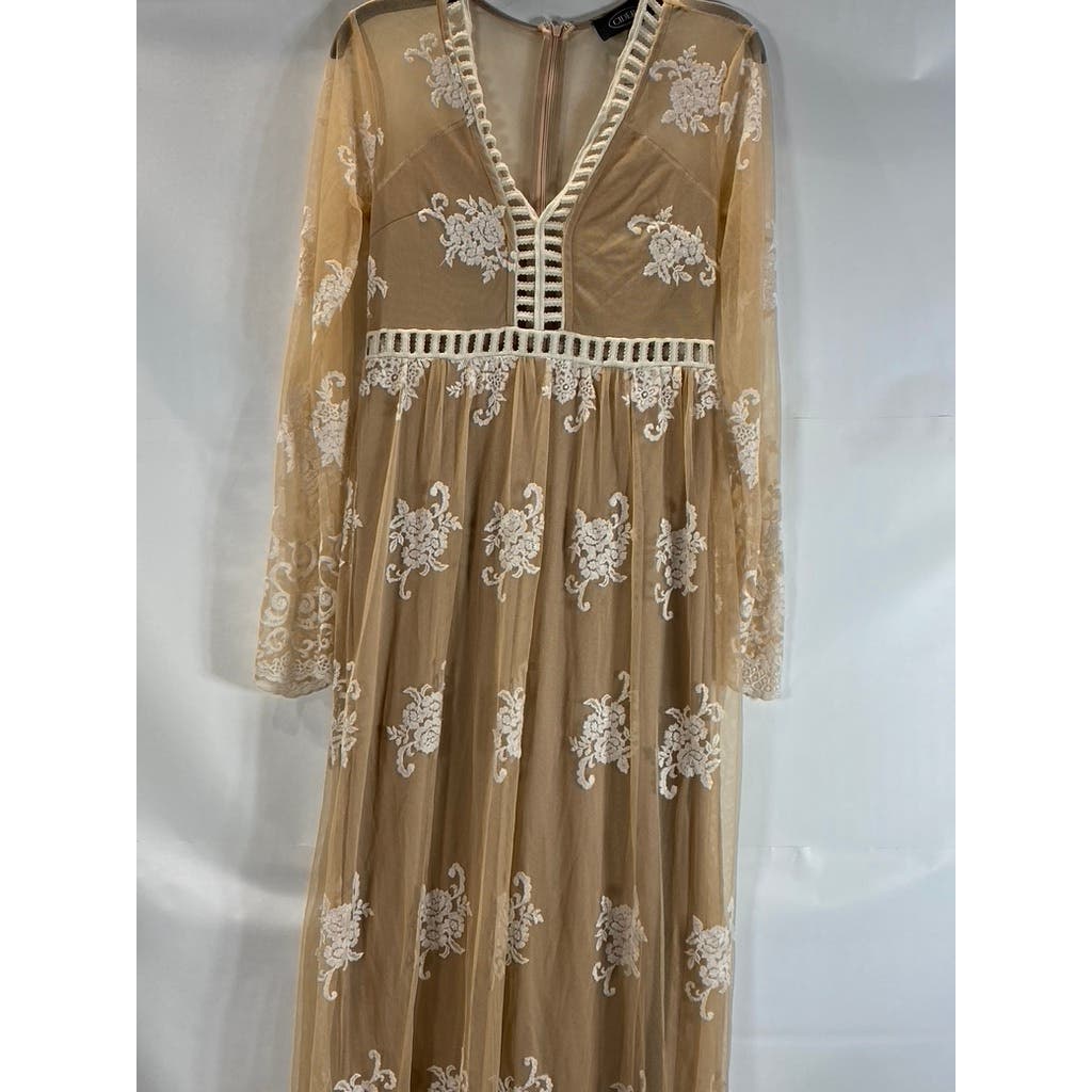 CIDER Women's Tan V-Neck Mesh Floral Lace Long Sleeve Maxi Dress SZ M(US6)