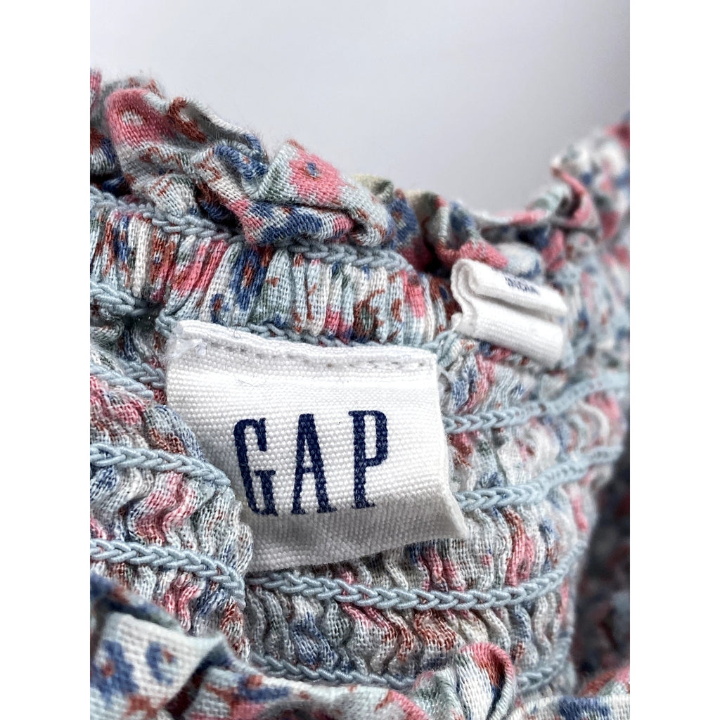 GAP Women's Pink-Blue Floral Straight-Neck Puff Elbow Sleeve Smocked Top SZ S