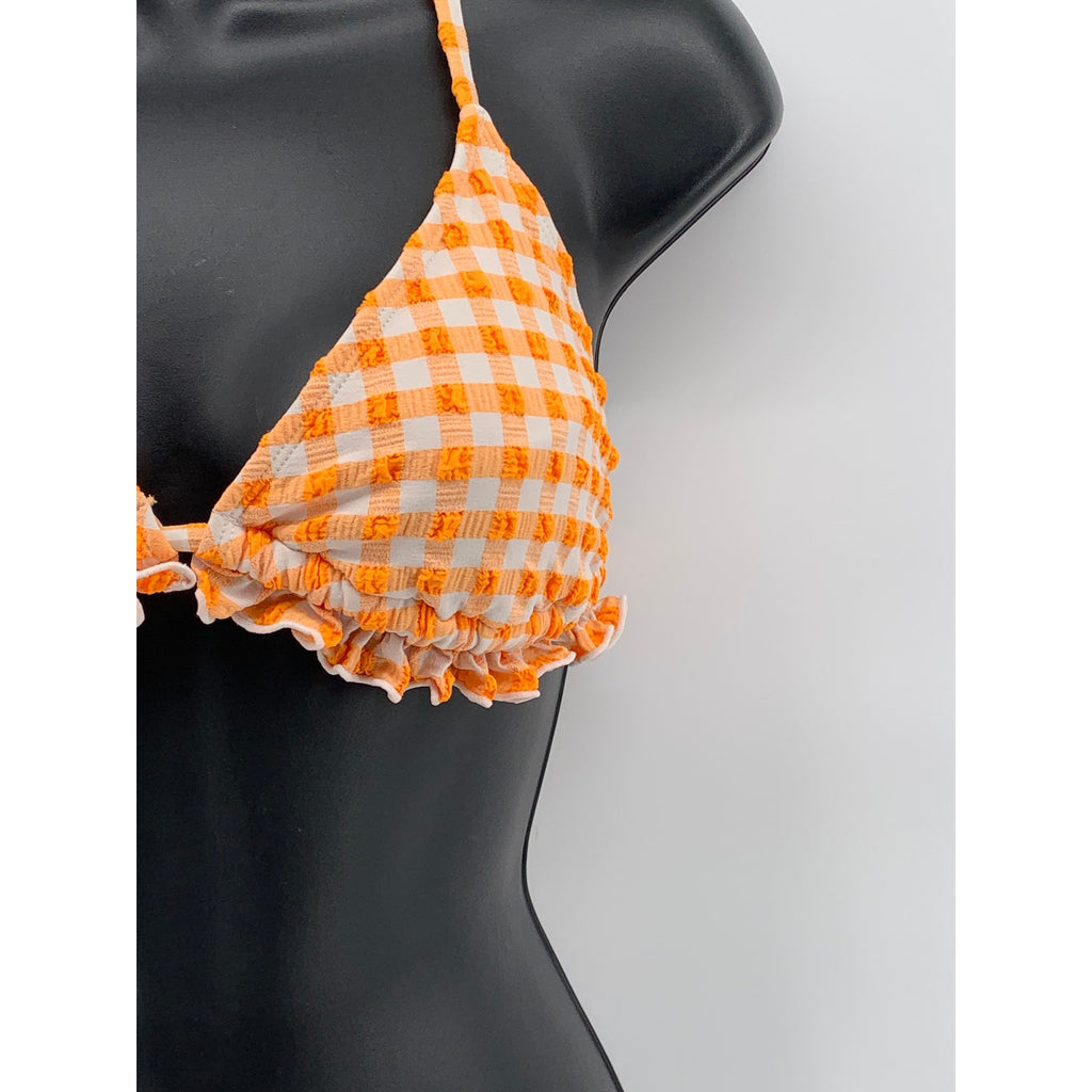 WILD FABLE Women's Orange-White Gingham Triangle Ruffle-Trim Bikini Top SZ S