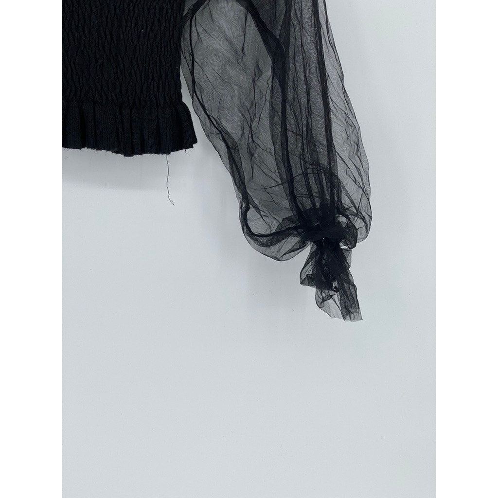 UNBRANDED Women’s Black Mesh Balloon Long Sleeve Smocked Crop Top SZ XS