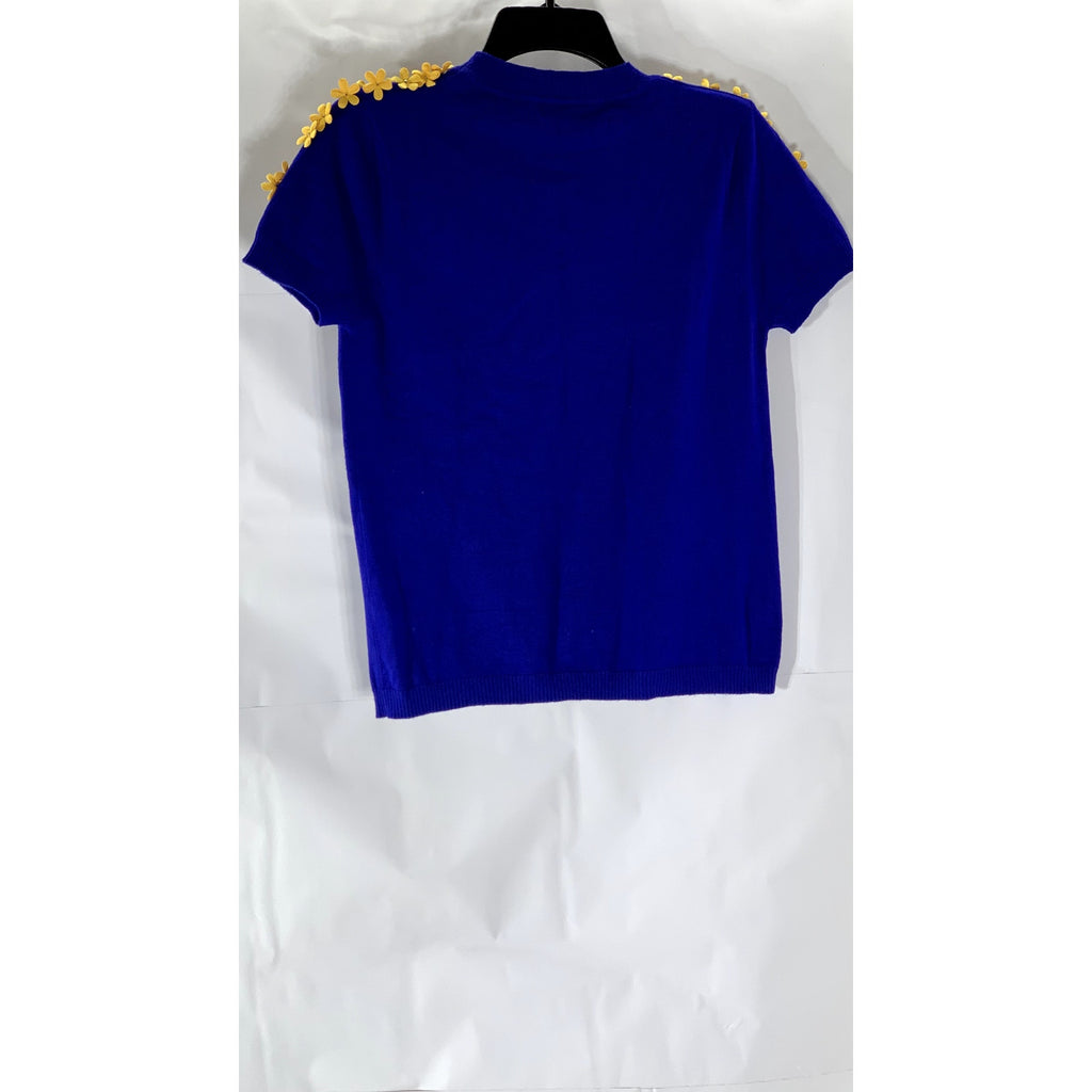 YAL NEW YORK Women’s Royal Blue-Yellow 3-D Floral Crewneck Short Sleeve Top SZ S