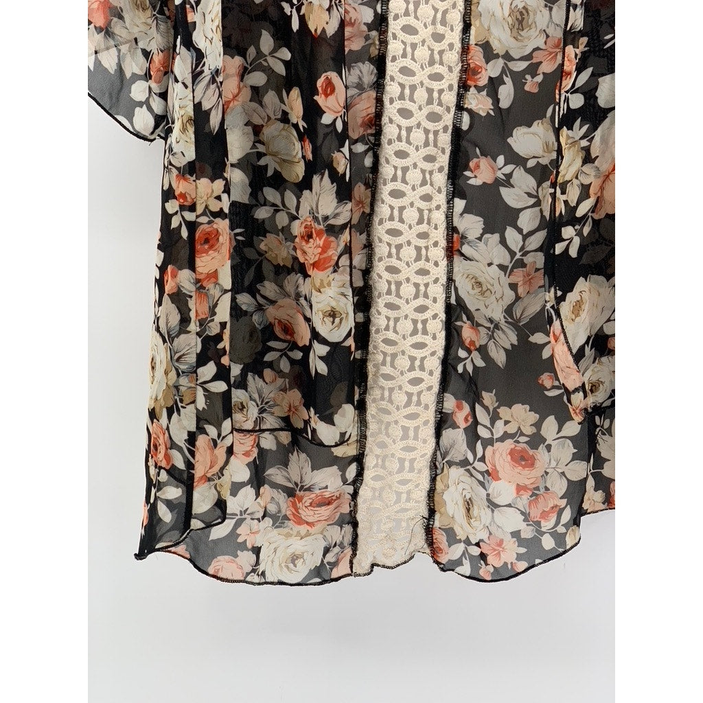 VIBE SPORTSWEAR Women's Black-Beige Floral Print Open-Front Kimono SZ S