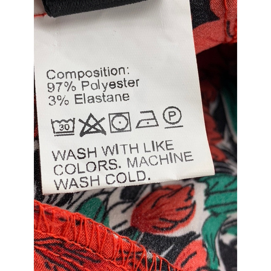 SHEIN Women's Red-Green Floral Short Puff Sleeve Wrap V-Neck Cropped Top SZ 4