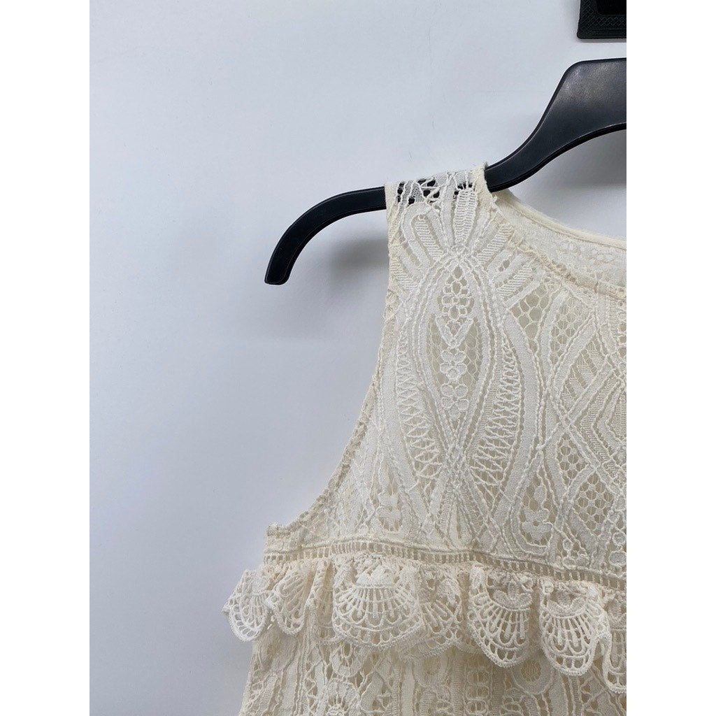 ZARA Women's Cream Knit Crewneck Ruffle Lace Sleeveless Top SZ S