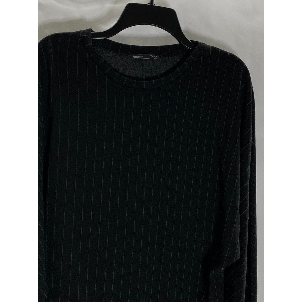 ZARA Women's Black Metallic Stripe Crewneck Long Sleeve Top SZ L