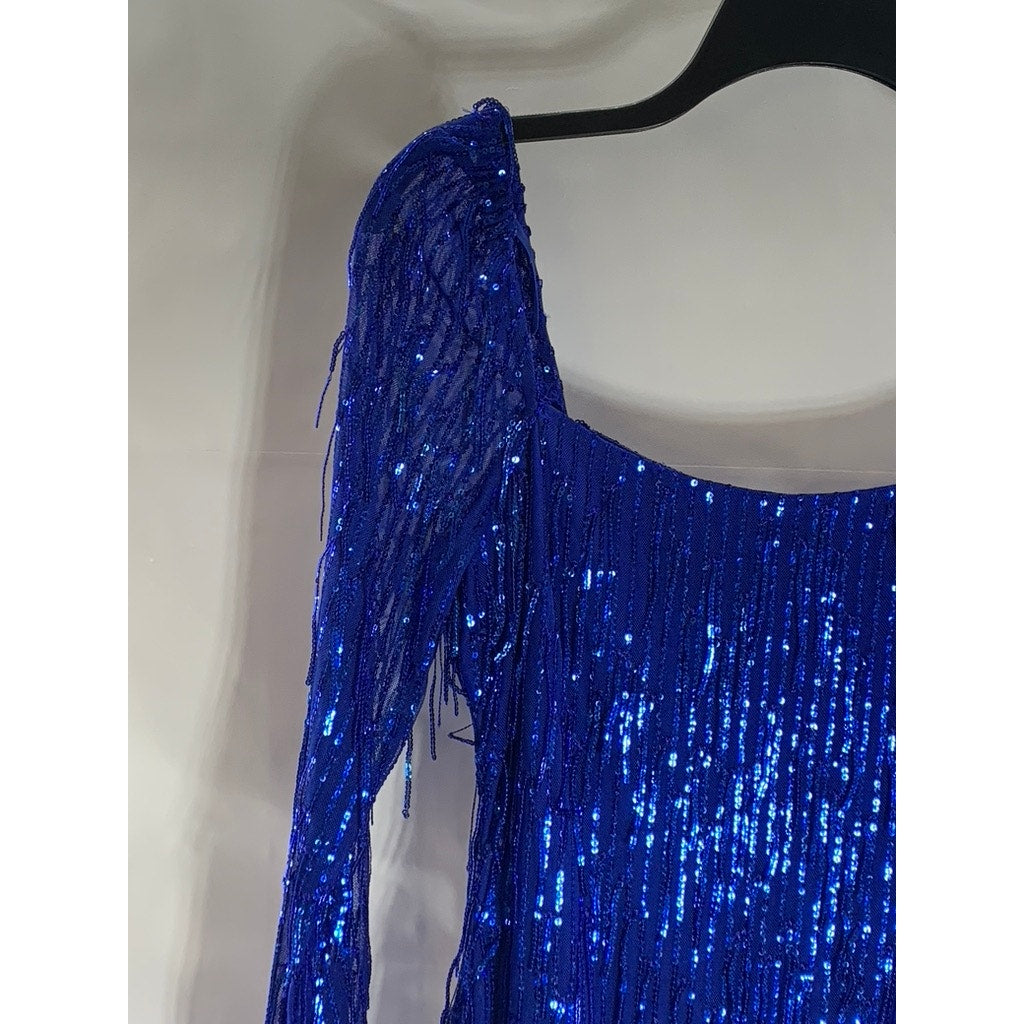 CITY TRIANGLES Juniors Blue Mesh Sequin Embellished Straight-Neck Mini Dress SZ7