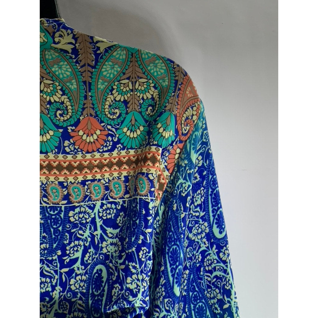 BIG BULL By CAM Women's Blue/Green Floral Paisley Tie-Knot Flare Sleeve Top SZ M