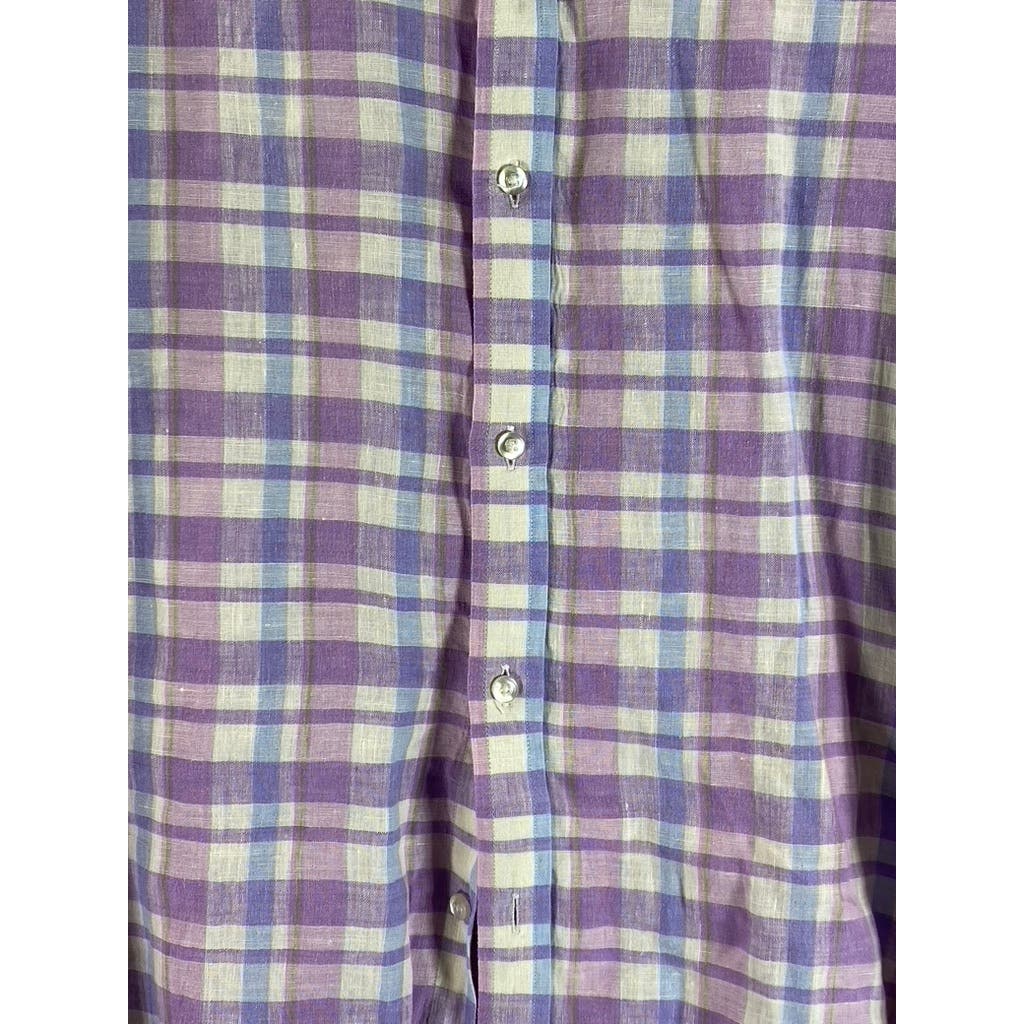 SAKS FIFTH AVENUE Men's Purple/Blue Plaid Linen Button-Up Long Sleeve Shirt SZ M