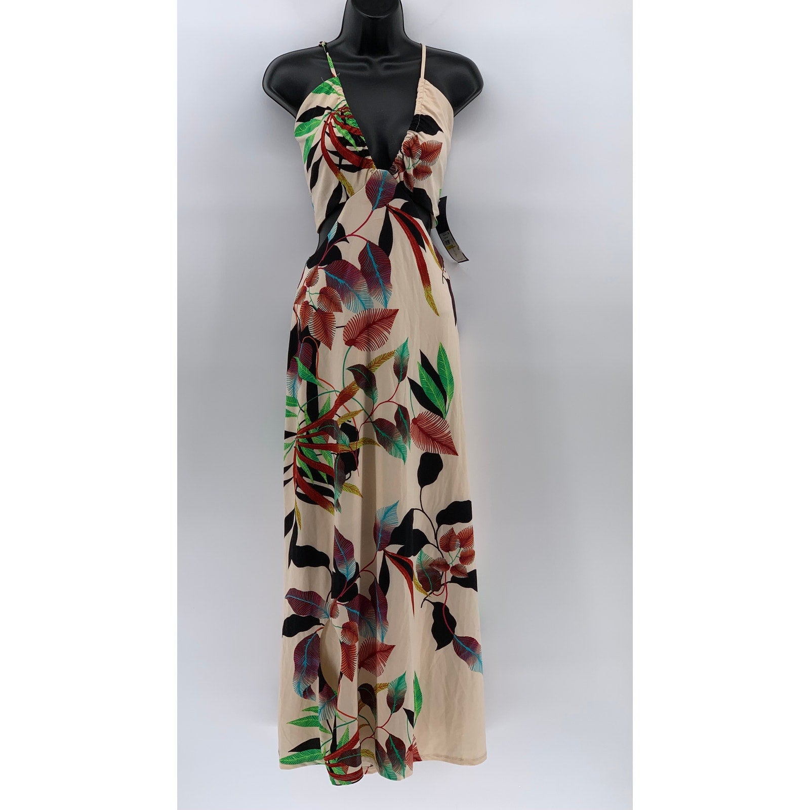 RACHEL RACHEL ROY Women's Beige V-Neck Halter Cross-Back Cutout Maxi Dress SZ M