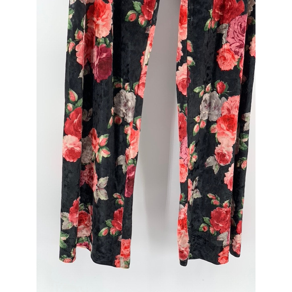 NALLY & MILLIE Women's Black Velour Floral Pull-On Elastic Waist Pants SZ XS