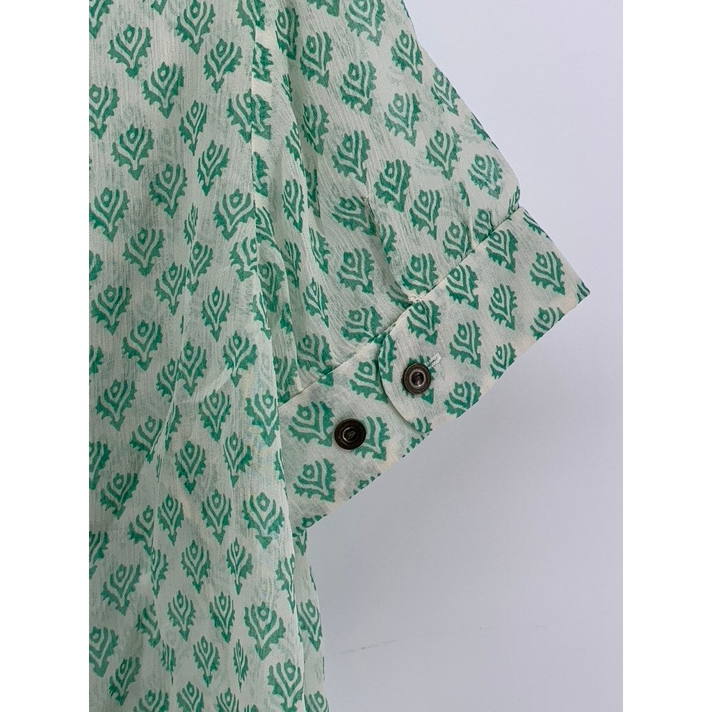 BANANA REPUBLIC Women's White-Green Printed Pintuck Button-Up Silk Top SZ L