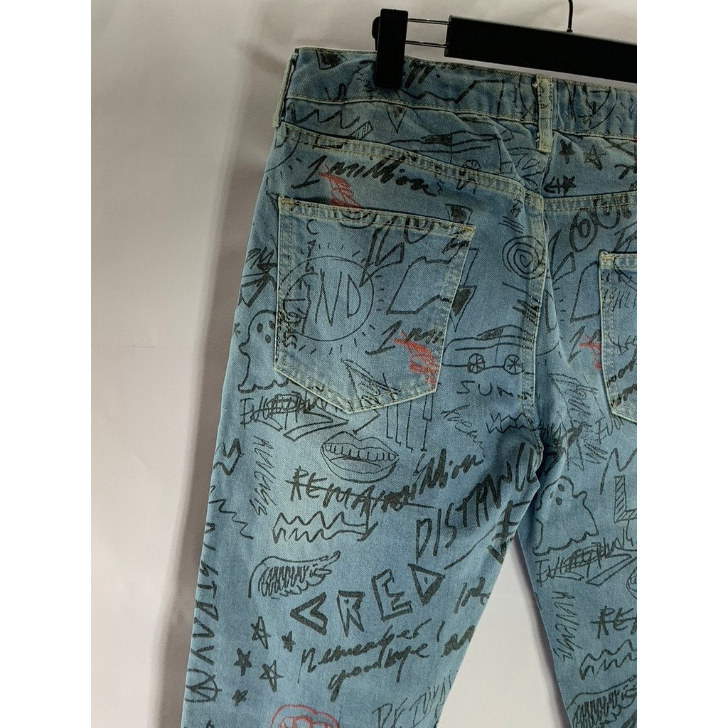 TOPMAN Men's Light Blue Doodle Print Stretch Skinny-Leg Five-Pocket Jean SZ 32S