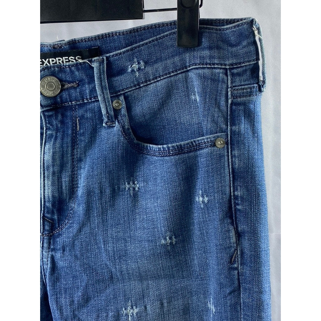 EXPRESS Women's Medium Blue Denim Distressed Raw-Hem Stretch Mid-Rise Jeans SZ6L