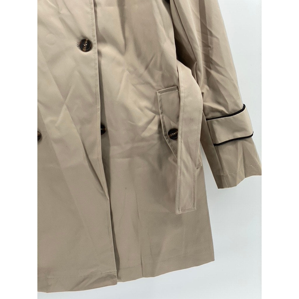 UNBRANDED Women's Khaki-Black Double-Breasted Notch Collar Belted Coat SZ M