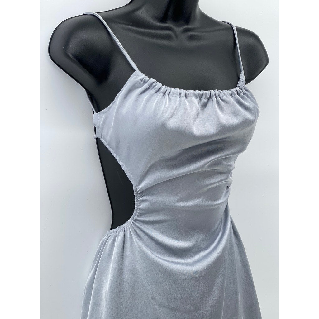 SUNDAYS Women's Blue Satin Backless Straight-Neck Fit & Flare Mini Dress SZ M