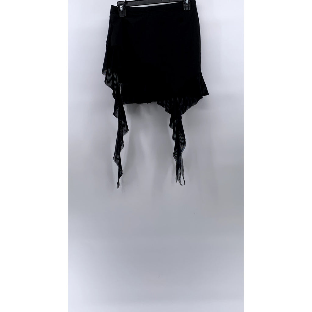UNBRANDED Women's Black Asymmetrical Mesh Ruffle Hem Pull-On Mini Skirt SZ XS