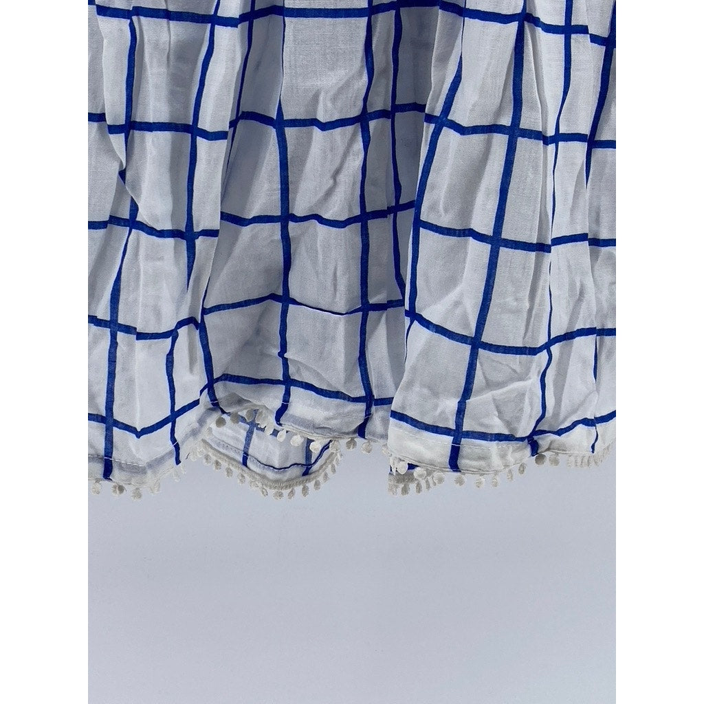 UNBRANDED Women's Blue-White Windowpane Half-Button Sleeveless Mini Dress SZ S