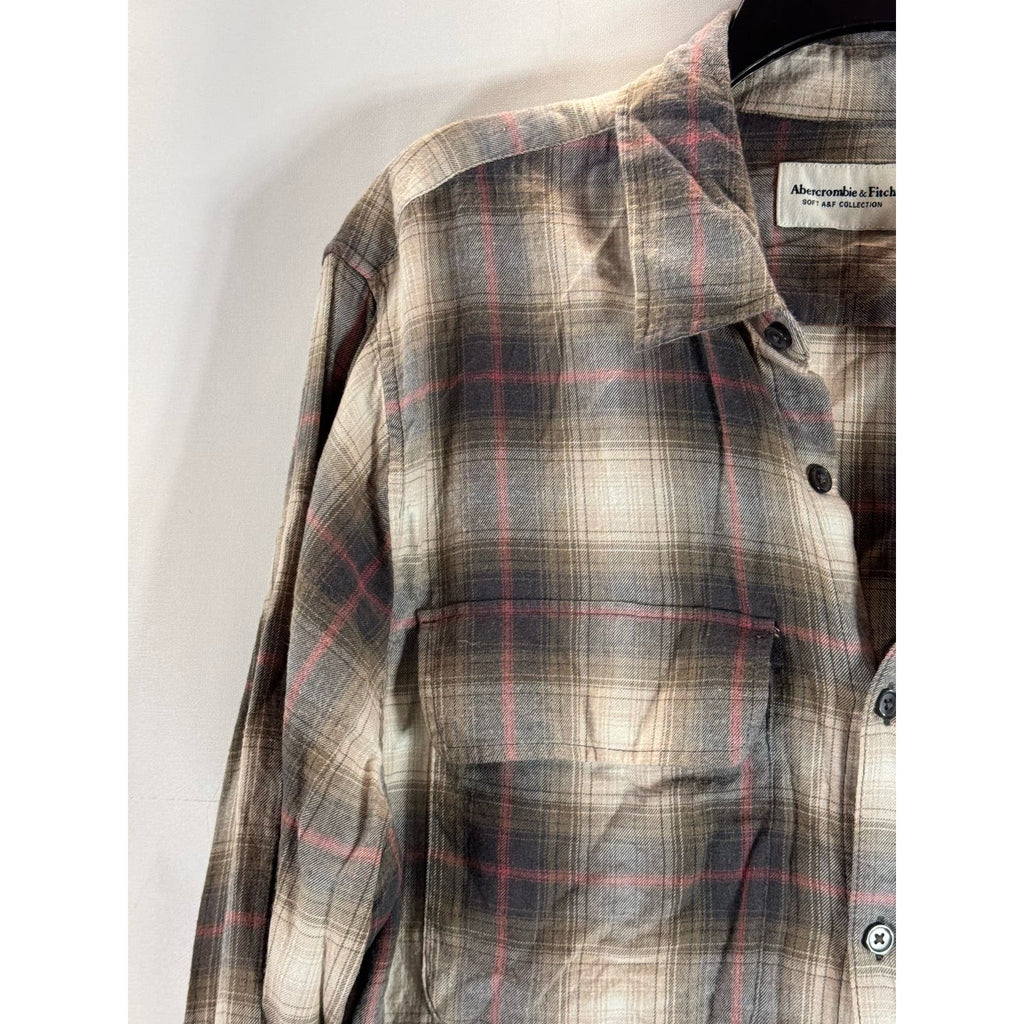 ABERCROMBIIE & FITCH Men's Brown Plaid Button-Up Long Sleeve Shirt SZ L