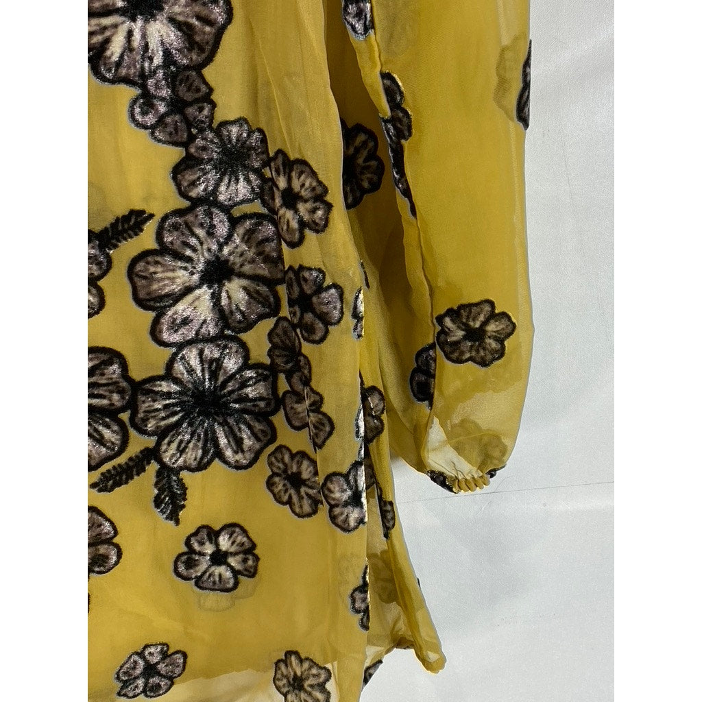 FOR LOVE & LEMONS Women's Mustard Heather Velvet Floral Mesh Mini Dress SZ S