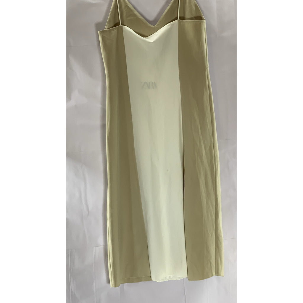 ZARA Women's Beige/Cream Pleated Side-Slit Snake Skin V-Neck Midi Dress SZ M