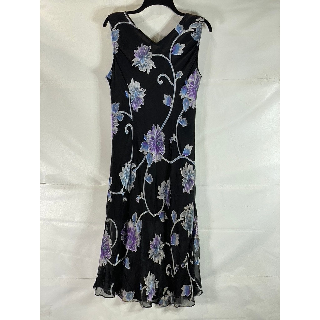 UNBRANDED Women's Black/Blue Floral Sheer V-Neck Sleeveless Midi Dress SZ S