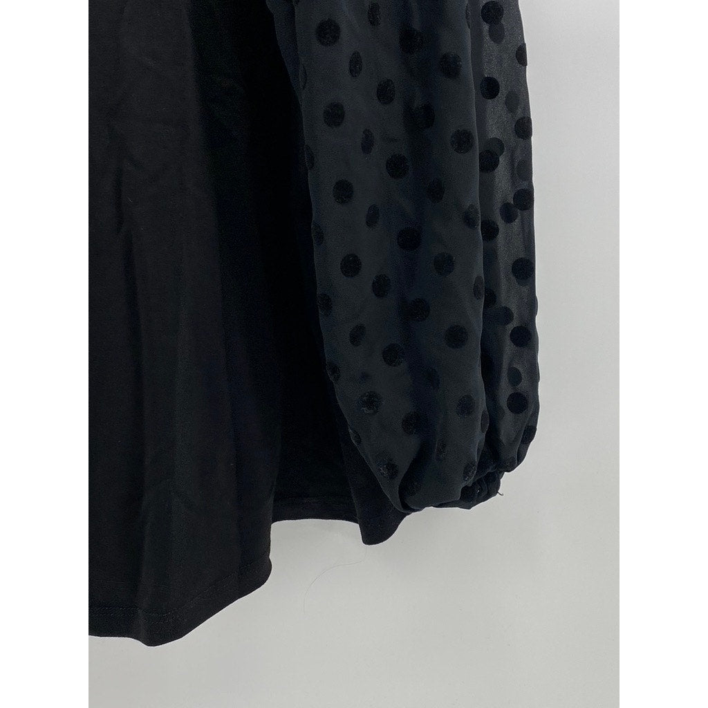 LOFT Women's Black Crewneck Sheer Dot Print Long Sleeve Top SZ L