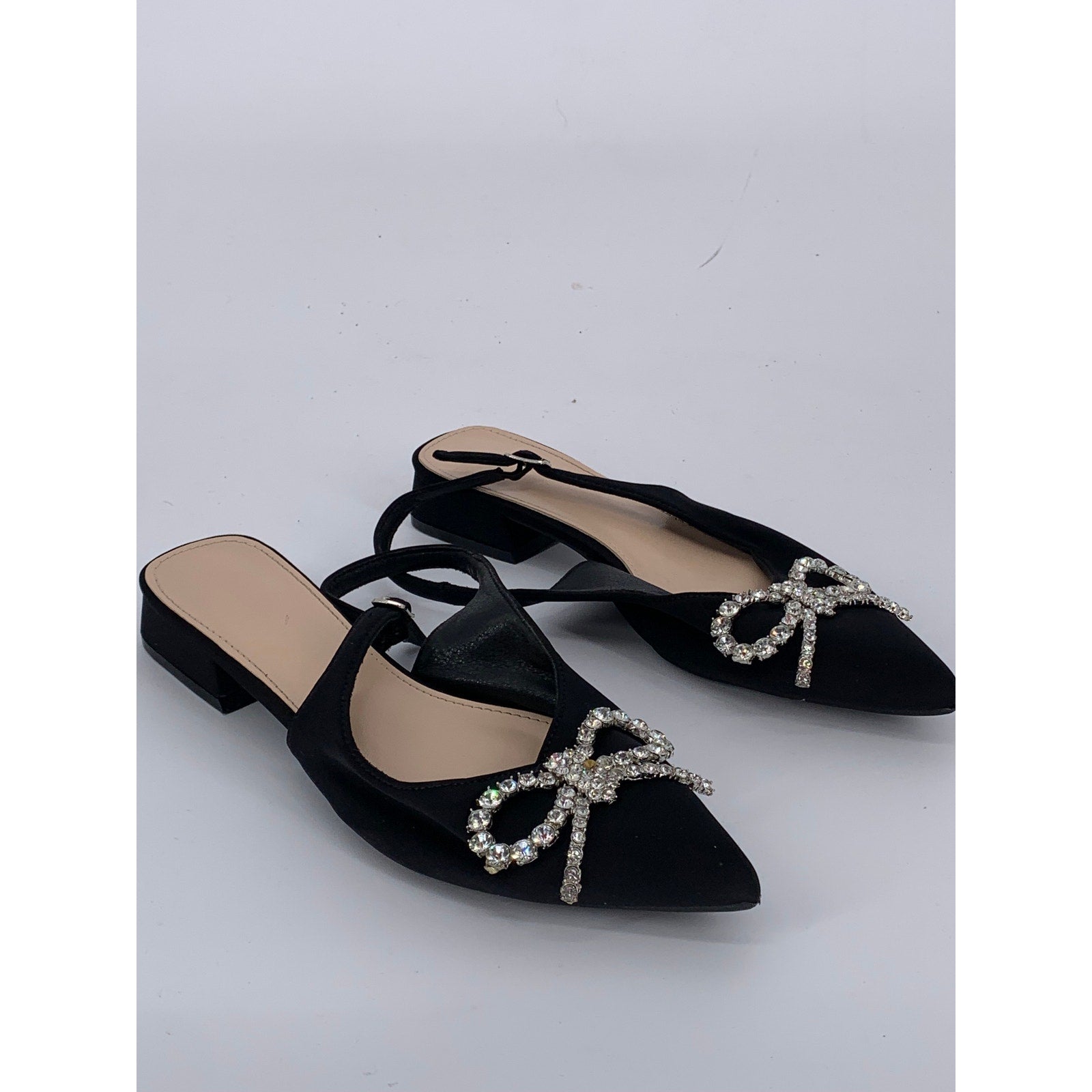 UNBRANDED Women's Black Rhinestone Bow Pointed-Toe Block-Heel Slingback SZ 7