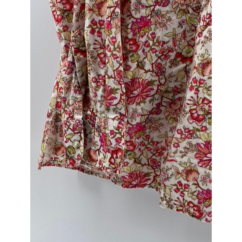 LANDS' END Women's White-Red Floral Corduroy Regular-Fit Button-Up Top SZ M