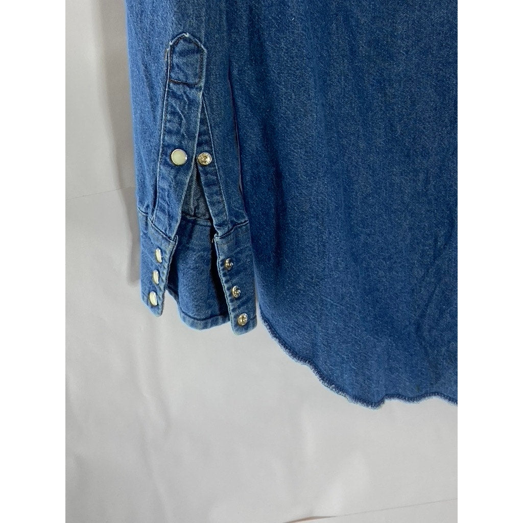 WRANGLER Men's Dark Blue Denim Regular-Fit Distressed Button-Up Shirt SZ 15.5 33