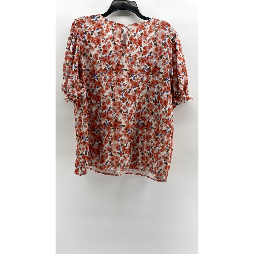 UNBRANDED Women's White-Orange Floral Short Ruffle Sleeve Top SZ 2XL