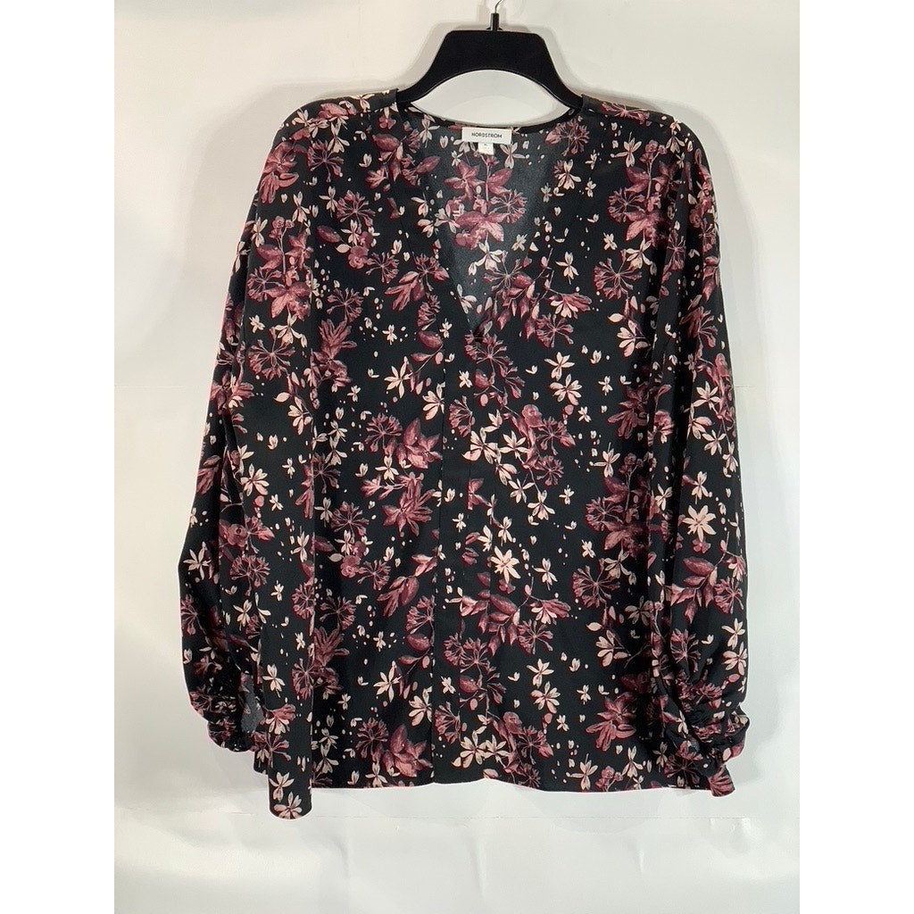 NORDSTORM Women's Black Floral Print V-Neck Long Sleeve Top SZ XL