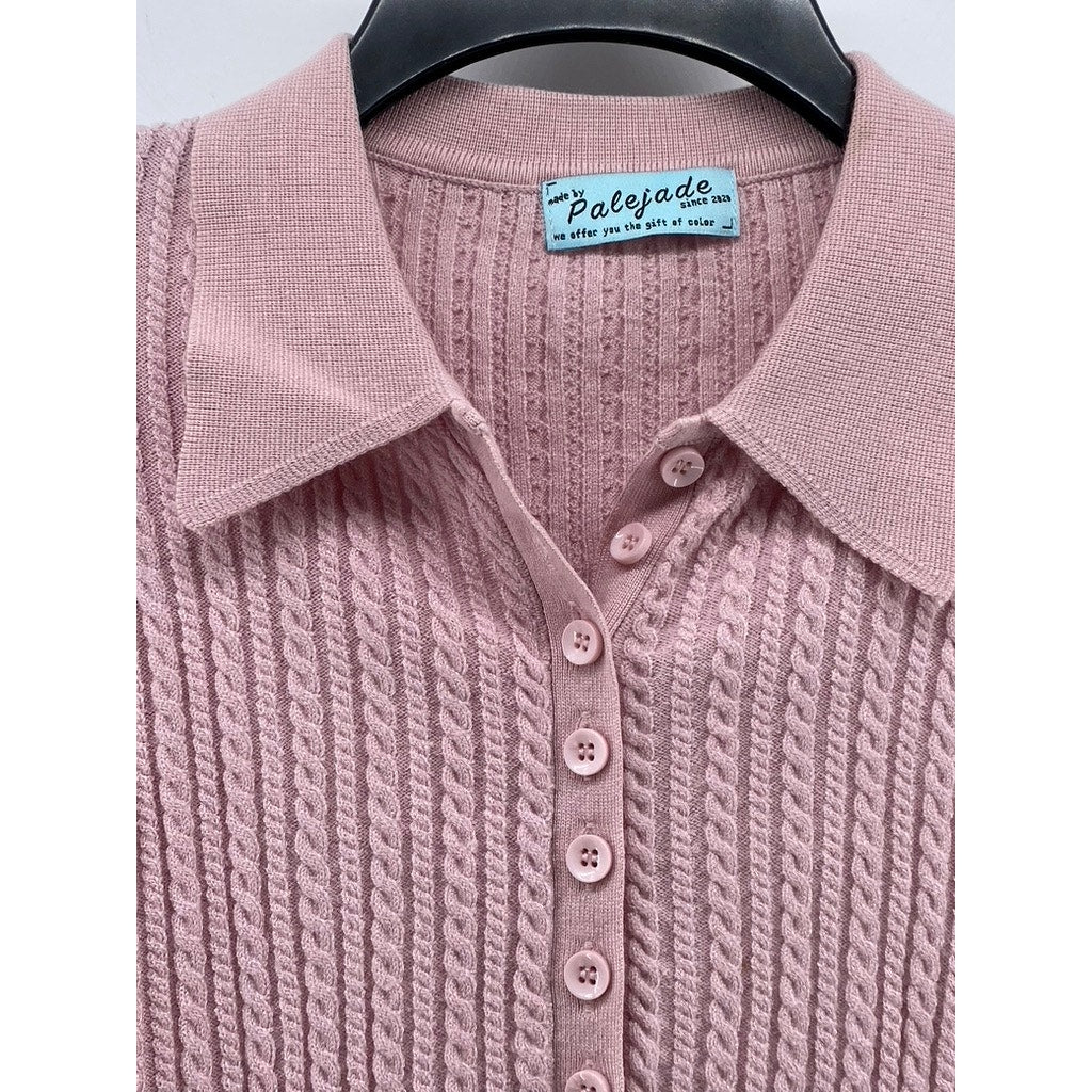 PALE JADE Women's Pink Button-Down Cable-Knit Long Sleeve Top SZ XS